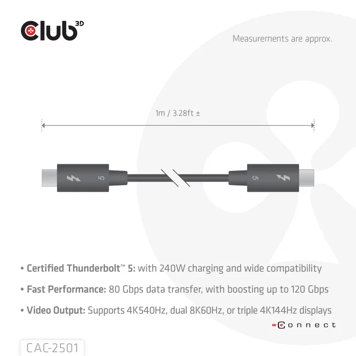 CLUB-3D Cable Thunderbolt 5 Certificado 8K240Hz 120Gbps 1m