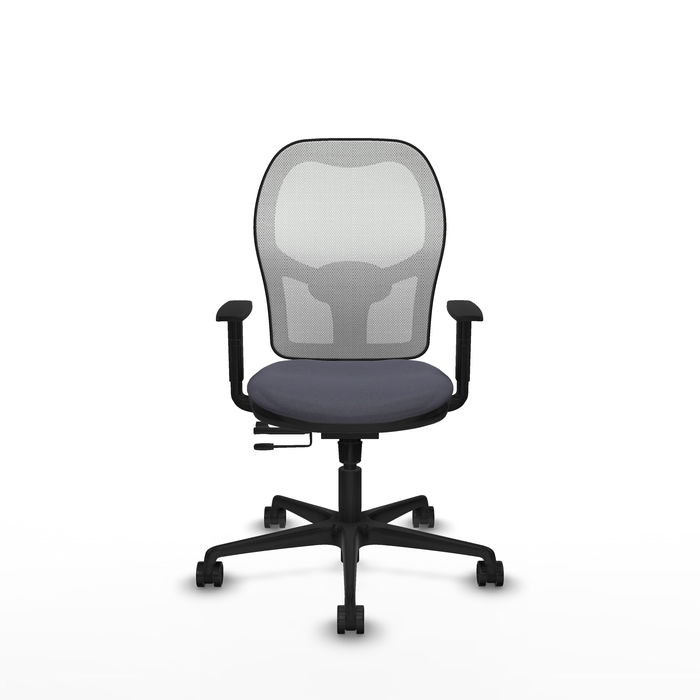 Silla de oficina Jorquera con mecanismo Sincro/Traslack tapizada con Tela color Gris oscuro y malla color Blanco. Equipada con lumbar 1D, Brazos 1D y Ruedas 65mm nailon