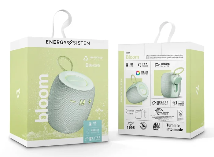 Energy Sistem Bloom Altavoz Portátil Bluetooth 10W, 18h Batería, Resistente al Agua IPX6, Luces LED, Tecnología True Wireless Stereo, Color Menta