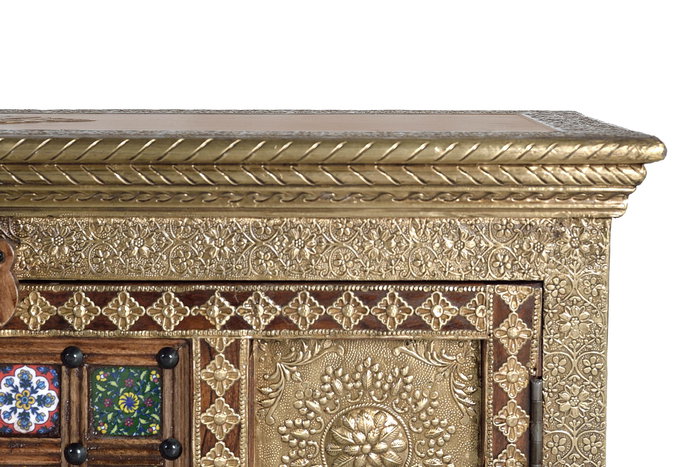 Giner y Colomer Mueble Televisor en Madera de Acacia con Detalles de Azulejo y Bronce, 60 x 180 x 40 cm