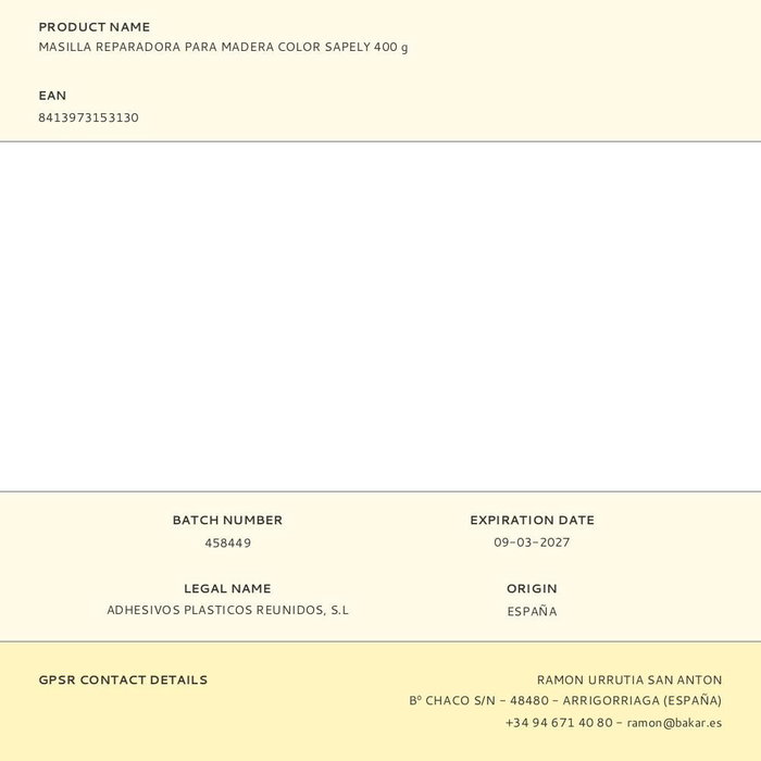 Bakar Masilla Reparadora para Madera Color Sapelly 400 g