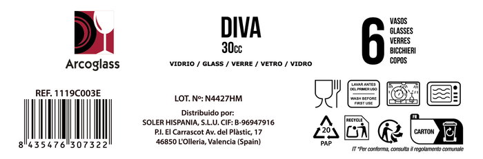 La Mediterranea Set de 6 Chupitos Diva 30cc Ag