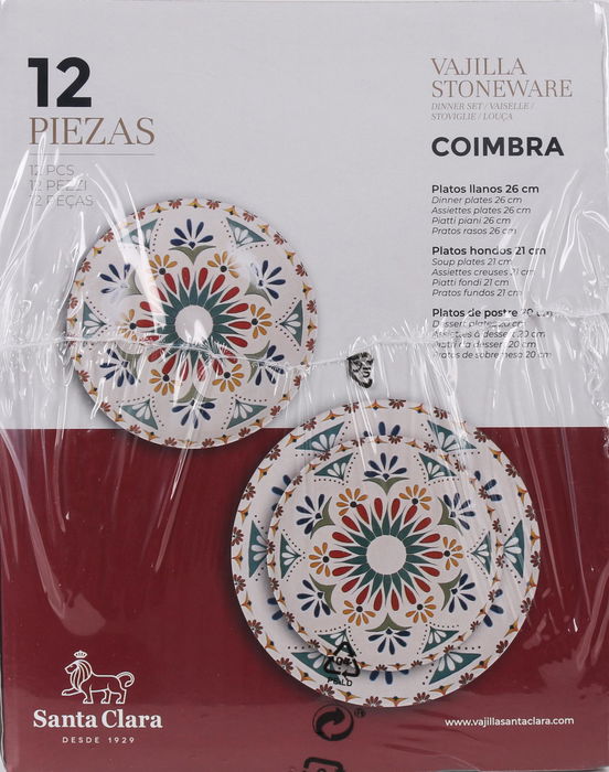 Santa Clara Vajilla Coimbra Monaco, 12 Piezas, Brillo, Plato Llano 26 cm, Plato Hondo 21 cm, Plato Postre 20 cm (2 Unidades)