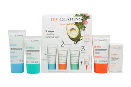 Clarins Grab And Go Set con Gel Limpiador, Crema Reboost, Mascarilla Recharge y Tratamiento de Ojos