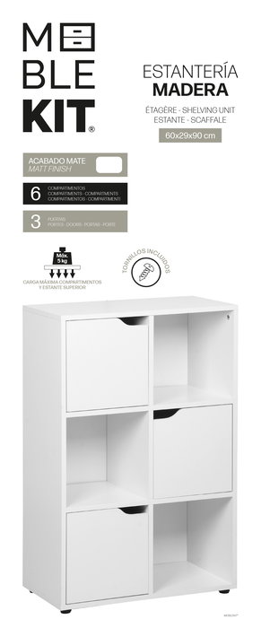 Inde Estantería Cubo con 3 Puertas y 6 Compartimentos Mueble Kit - 60x29x90 cm