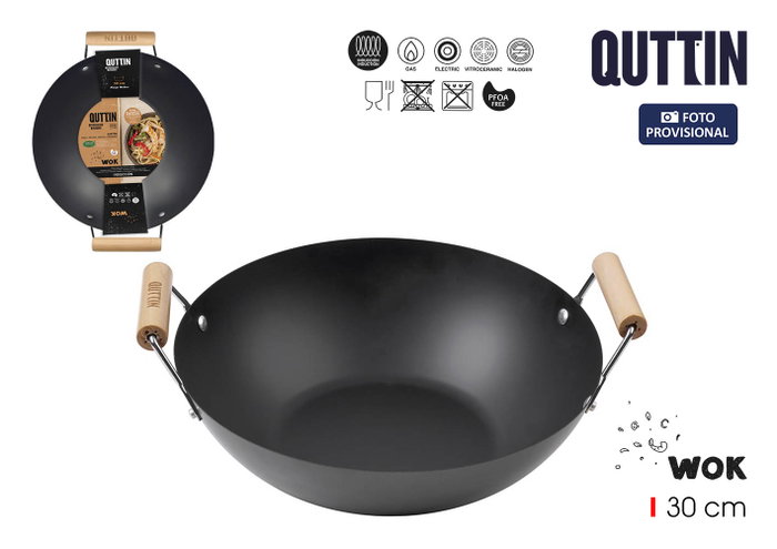 Inde Quttin Sartén Wok con 2 Asas de Madera 30 cm (6 Unidades) Inde Quttin Sartén Wok con 2 Asas de Madera 30 cm (6 Unidades)