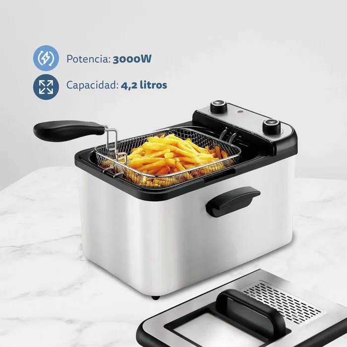 Grunkel MAXIFRYPRO Freidora de Aceite de 4.2 Litros, 3000W, Acero Inoxidable, Control de Temperatura y Temporizador, Tapa con Visor