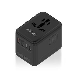 AISENS - ADAPTADOR ENCHUFE UNIVERSAL PARA VIAJE EU/USA/UK/AU CON CARGADOR USB GaN, 2xUSB-A (A1 QC3.0), 3xUSB-C (C1 PD3.0) 35W, NEGRO