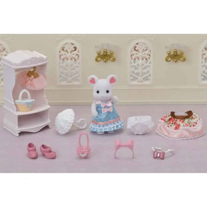 Sylvanian Families Maleta de moda y Ratón de malvavisco Hermana mayor. Juego de ropa con accesorios para niños y niñas a partir de 3 años.