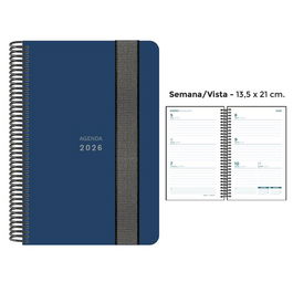 Agenda Anual (2026) Senfort Unicolor Espiral Tapa Pp Con Goma 135X210 S/V Azul Oscuro