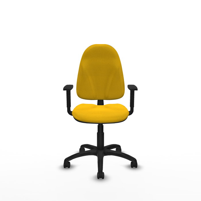 Silla de oficina Algarra con mecanismo Contacto permanente básico tapizada con Tela color Amarillo. Equipada con Base poliamida negra, Brazos 1D y Ruedas de parqué