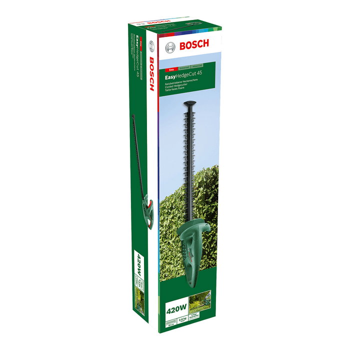Bosch EasyHedgecut 45 - Tijera eléctrica de podar para setos, hoja de corte de 45 cm, 420 W, 3400 RPM, vibración 2.5 m/s², cable eléctrico, color verde