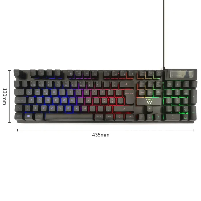 Ewent PL3319 Teclado Gaming USB de Membrana, QWERTY Portugués, Negro, Retroiluminación RGB LED Ajustable, Teclado Completo con Antifantasma y Teclas Multimedia