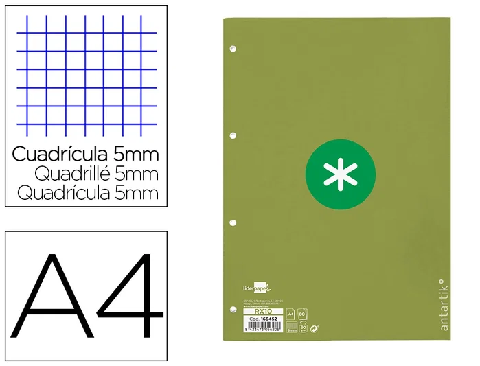 Antartik Recambio A4 80 hojas Cuadro 5mm Verde Antartik Recambio A4 80 hojas Cuadro 5mm Verde
