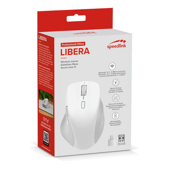 Speedlink LIBERA Ratón Inalámbrico Recargable Silencioso Bluetooth y RF, 3200 DPI, Óptico, Blanco, Diseño Ergonómico para Mano Derecha