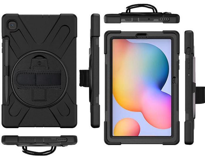 eSTUFF Funda AUSTIN Defender para Galaxy Tab S6 Lite 2024/2022/2020, Negra, Antigolpes, con Soporte 360°, Correa de Mano y Hombro, Portalápiz