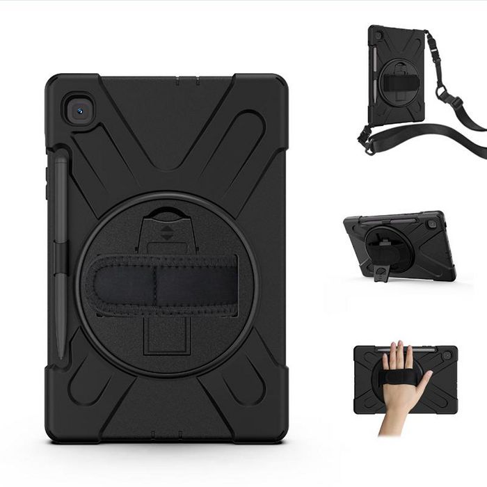eSTUFF Funda AUSTIN Defender para Galaxy Tab S6 Lite 2024/2022/2020, Negra, Antigolpes, con Soporte 360°, Correa de Mano y Hombro, Portalápiz