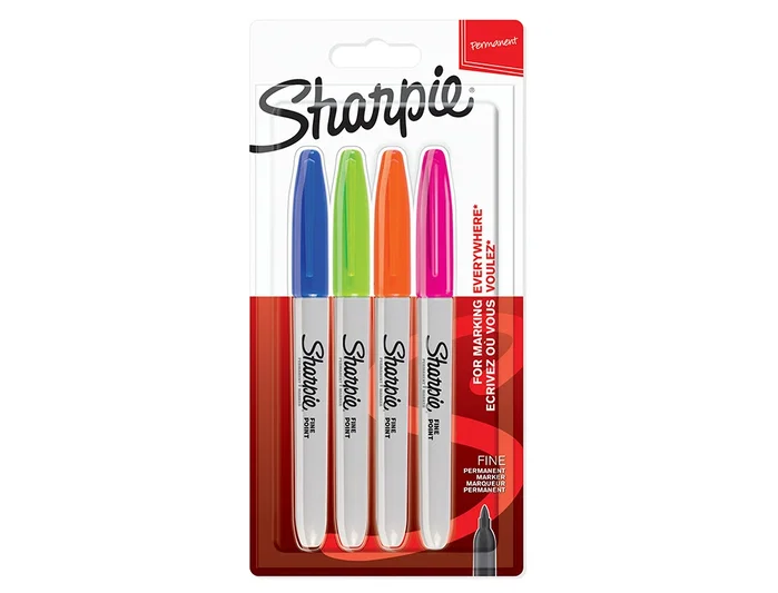 Sharpie Marcadores Permanentes Fine Surtido Neón, Punta Redonda 0,9 mm, 4 Unidades