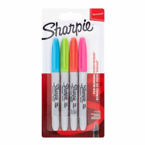 Sharpie Marcadores Permanentes Fine Surtido Neón, Punta Redonda 0,9 mm, 4 Unidades