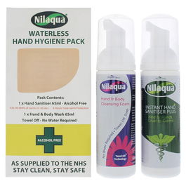 Set Nilaqua: Waterless, Cleansing, Hand Gel, 65 ml + Waterless, Cleansing, Foam, Hand & Body, 65 ml