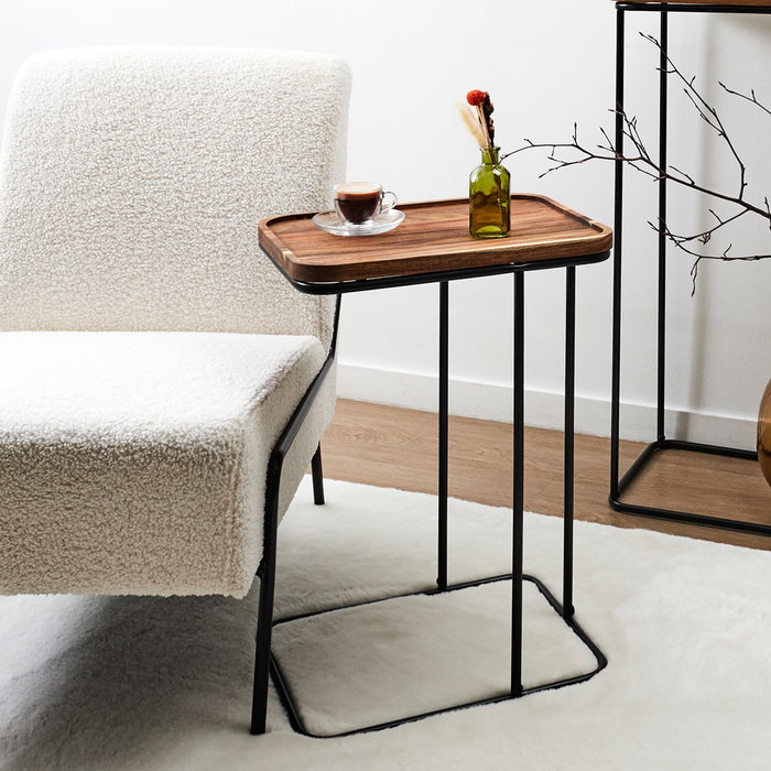 Home Deco Factory Mesa Auxiliar Sofá Acacia Cocooning Tablero Madera Patas Metal 40x30x55 cm