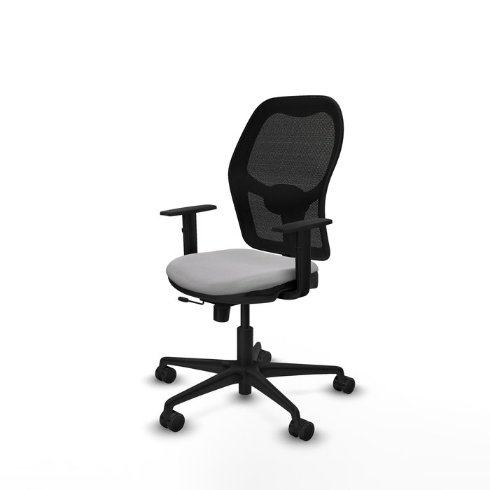 Silla de oficina Jorquera con mecanismo Sincro/Traslack tapizada con Tela color Gris claro y malla color Negro. Equipada con lumbar 1D, Brazos 1D y Ruedas 65mm nailon