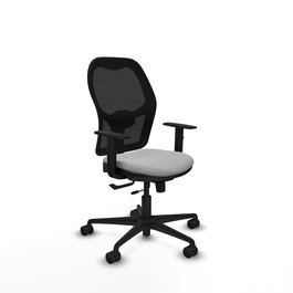 Silla de oficina Jorquera con mecanismo Sincro/Traslack tapizada con Tela color Gris claro y malla color Negro. Equipada con lumbar 1D, Brazos 1D y Ruedas 65mm nailon