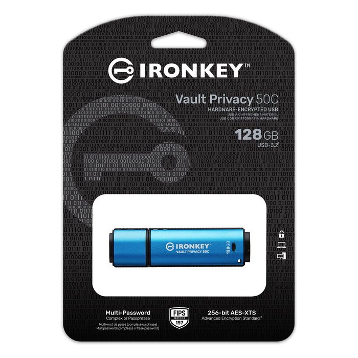 Kingston IronKey Vault Privacy 50C USB-C 128GB, Cifrado AES-256, FIPS 197, USB 3.2 Gen 1, Negro/Azul Kingston IronKey Vault Privacy 50C USB-C 128GB, Cifrado AES-256, FIPS 197, USB 3.2 Gen 1, Negro/Azul