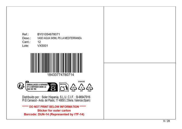 Inde Vaso Agua 345 ml con dimensiones 8.3 cm (ancho) x 8.8 cm (alto) x 8.3 cm (largo) (12 Unidades)