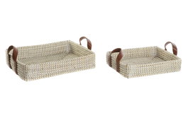 DKD Home Decor Bandeja Decoracion Set de 2 Marron Claro Natural Seagrass y Pu 32 x 9 x 41 cm