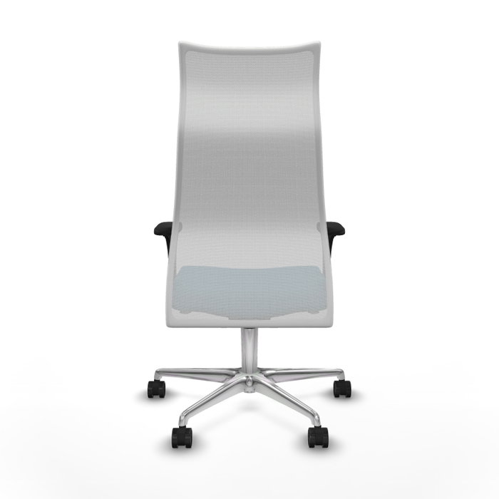 Sillón Albacete con mecanismo Sincro tapizada con Tela color Verde petróleo y malla color Blanco. Equipado con Base aluminio, Brazos 1D y Ruedas 65mm nailon