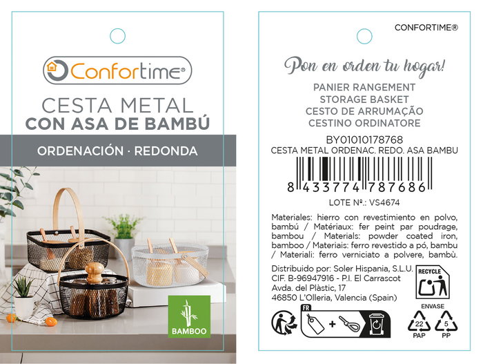 Confortime Cesta Redonda de Metal con Asa de Bambú para Organización, 20.8 cm (Ancho) x 10.7 cm (Alto) x 21.3 cm (Largo) (12 Unidades)
