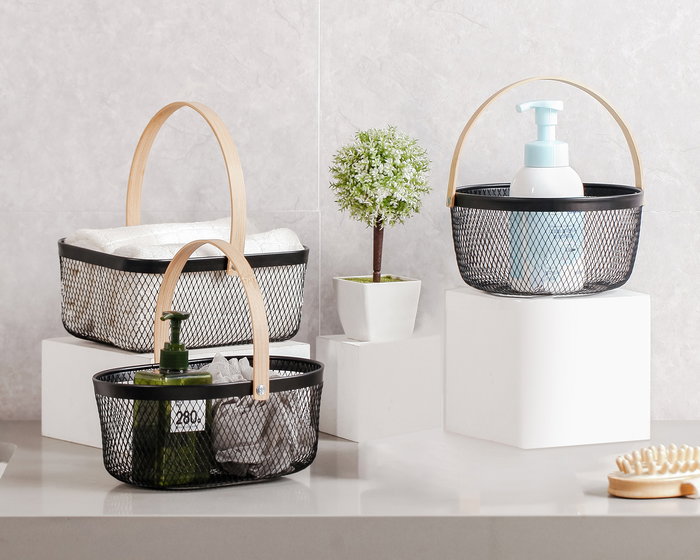 Confortime Cesta Redonda de Metal con Asa de Bambú para Organización, 20.8 cm (Ancho) x 10.7 cm (Alto) x 21.3 cm (Largo) (12 Unidades)