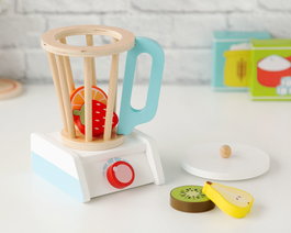 Juguete Tradicional Batidora de Vaso en Madera con 4 Piezas de Fruta para Niños +3 Años - Juguete de Imitación