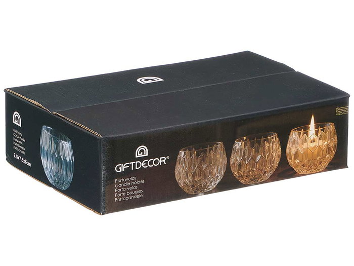Giftdecor Portavela de Cristal con Diseño Diamante - Vidrio Transparente - 7.5 x 6.5 x 7.5 cm (Set de 24)