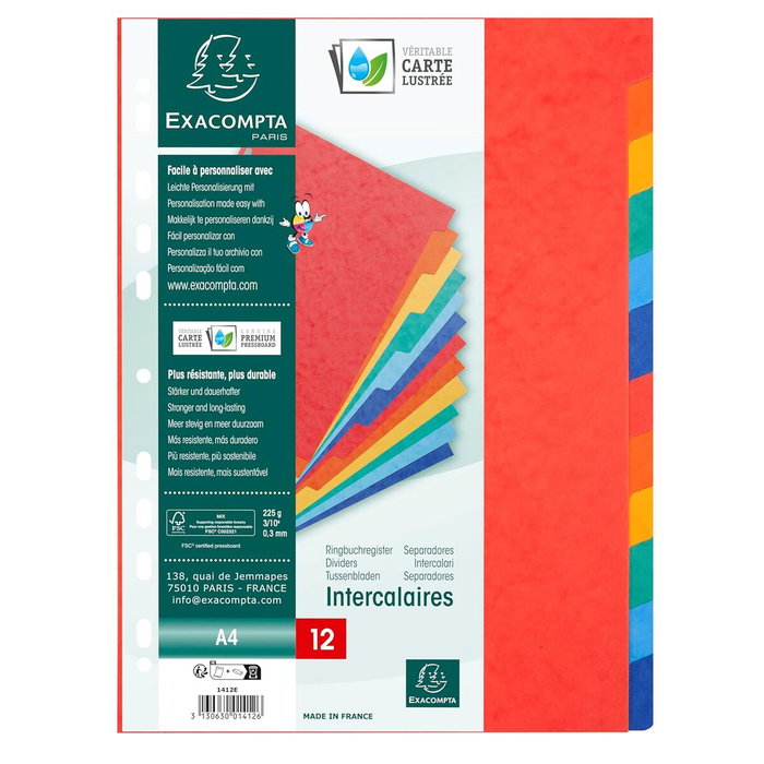Exacompta Nature Future Separadores de Cartulina Lustrada 225 gr, A4 12 Posiciones, Set de 25, Colores