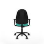 Silla de oficina Algarra con mecanismo Contacto permanente básico tapizada con Similpiel color Turquesa. Equipada con Base poliamida negra, Brazos 1D y Ruedas autofrenantes
