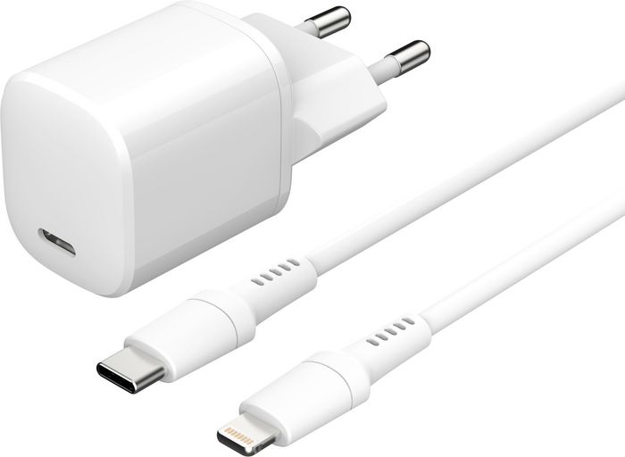 eSTUFF Kit cargador INFINITE PD 20W con enchufe EU y cable USB-C a Lightning 1,5 m certificado MFi - Blanco