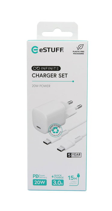 eSTUFF Kit cargador INFINITE PD 20W con enchufe EU y cable USB-C a Lightning 1,5 m certificado MFi - Blanco