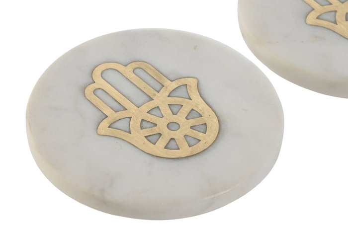 DKD Home Decor Set de 4 Posavasos Hamsa de Mármol y Latón Blanco y Dorado