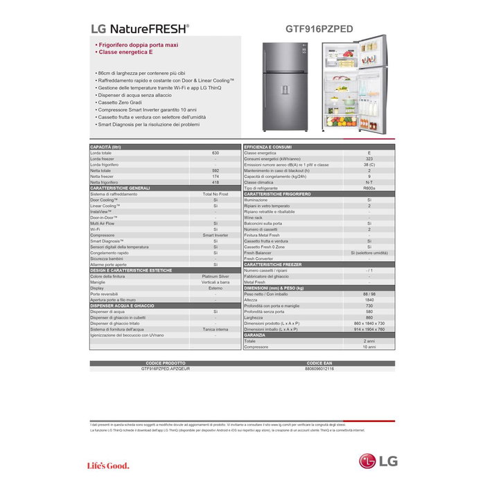 Frigorífico combinado LG GTF916PZPED.APZQEUR Acero 630 L