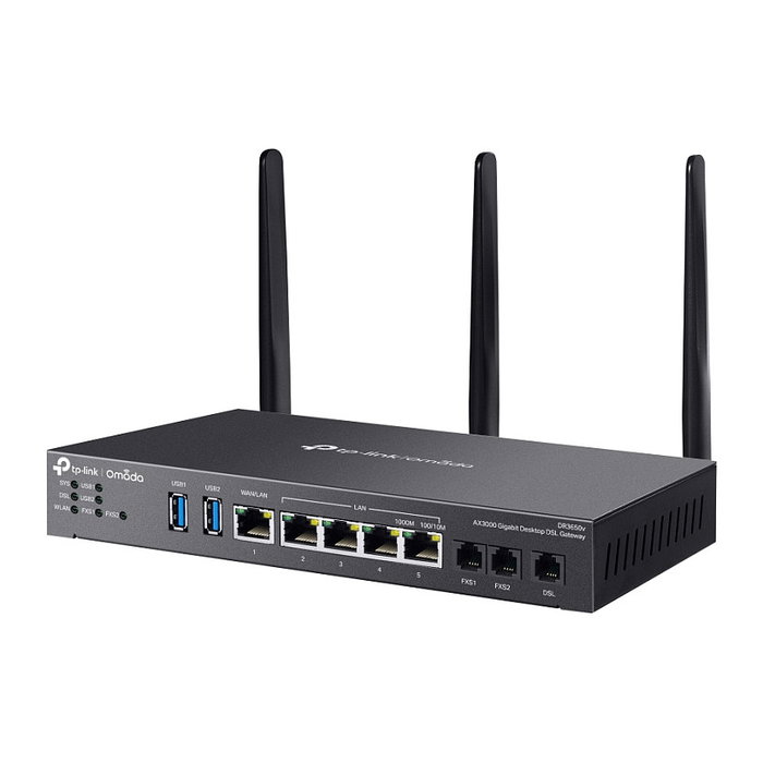 TP-Link Omada DR3220v-4G4G+ Router Doble Banda Gigabit Rackmount con Wi-Fi 6 y 4G LTE, 4 Puertos LAN, VPN, DSL y 3 Antenas