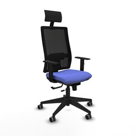 Silla de oficina Horna con mecanismo Sincro/Traslack tapizada con Tela color Azul claro y malla color Negro. Equipada con lumbar 1D, Brazos 1D, Cabecero Fijo y Ruedas 65 mm parqué
