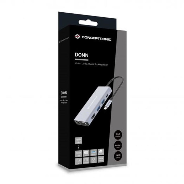 Conceptronic Docking Station USB Tipo C 10 en 1 con HDMI, VGA, USB-C PD, USB 3.0, GbE, AUX, Soporte 4K