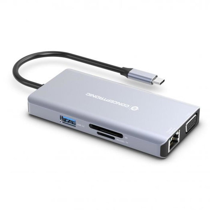 Conceptronic Docking Station USB Tipo C 10 en 1 con HDMI, VGA, USB-C PD, USB 3.0, GbE, AUX, Soporte 4K