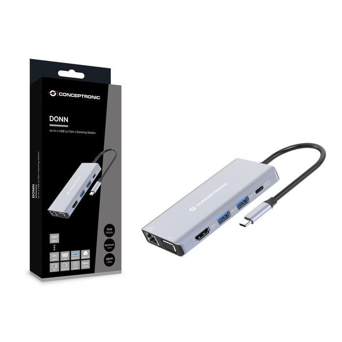 Conceptronic Docking Station 10 en 1 USB-C DONN20G Gris