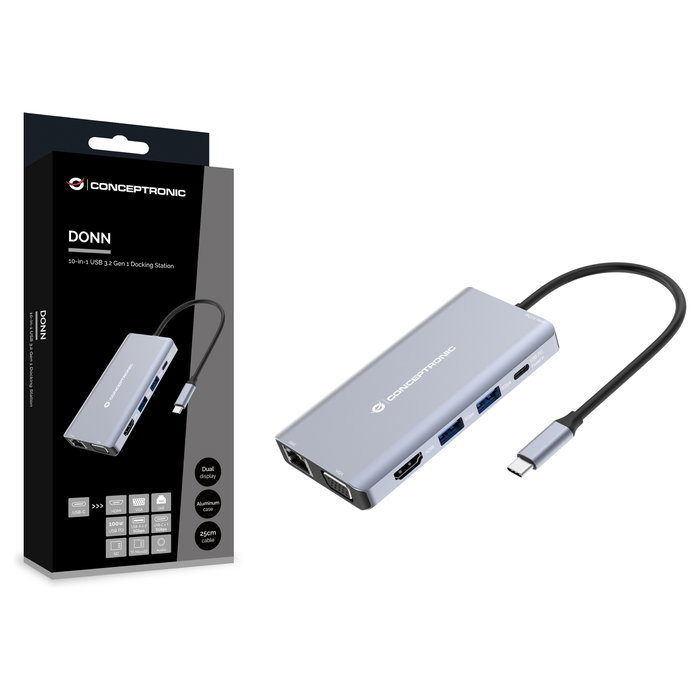Conceptronic Docking Station 10 en 1 USB-C DONN20G Gris