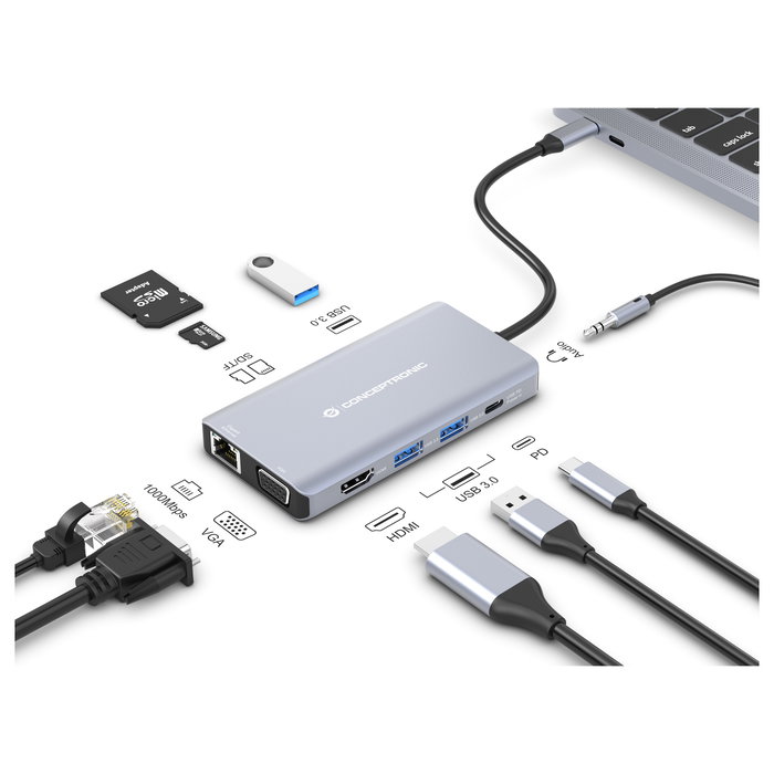 Conceptronic Docking Station 10 en 1 USB-C DONN20G Gris