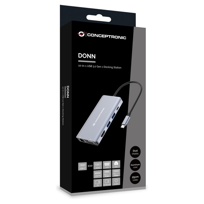 Conceptronic Docking Station 10 en 1 USB-C DONN20G Gris