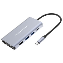 Conceptronic DONN20G Adaptador USB-C a HDMI/USB-A/VGA/AUX con Ethernet y Lector Tarjetas SD, 100W PD, Gris, 25cm